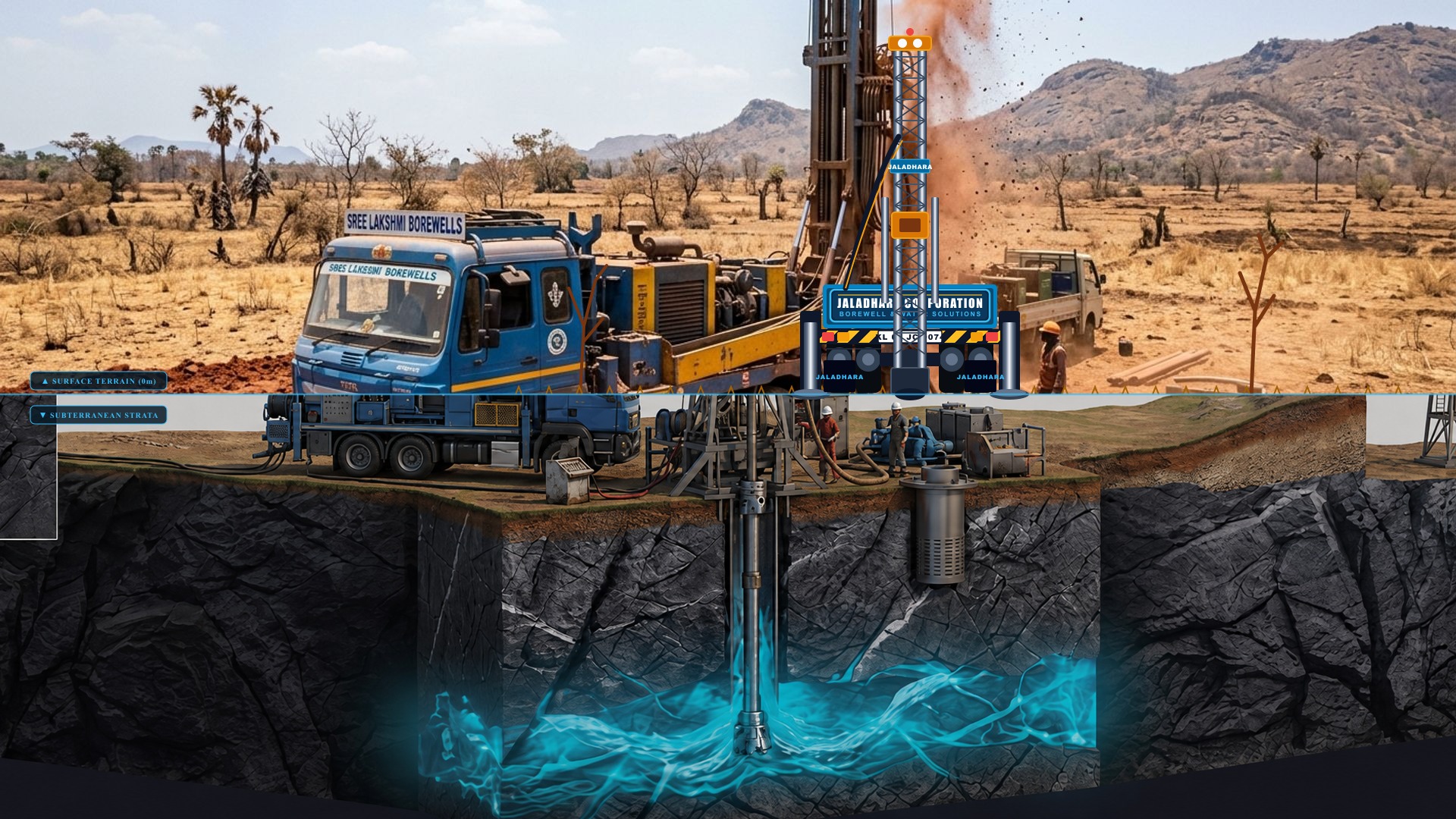 Jaladhara Corporation borewell drilling truck backside rear view on parched drought land with underground rock strata