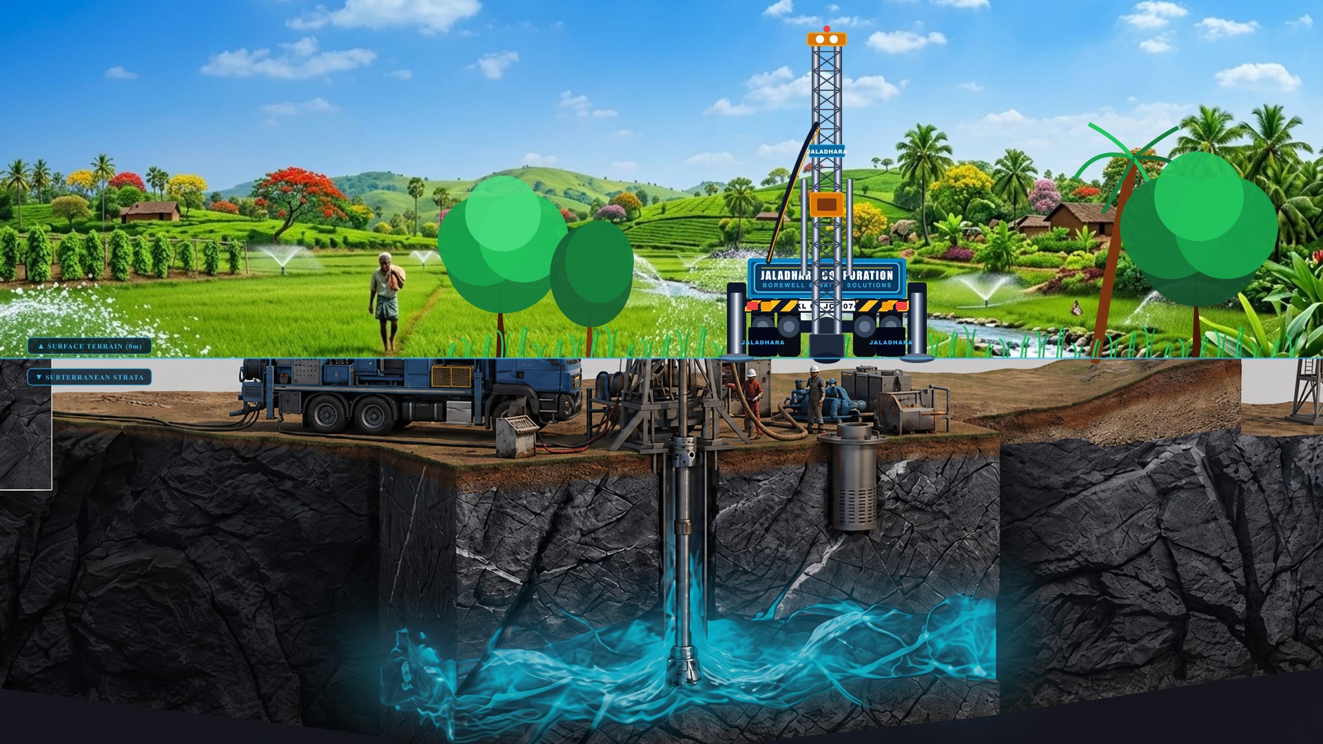 Jaladhara Corporation borewell drilling truck rear view in lush green Kerala plantation with trees and fresh grass
