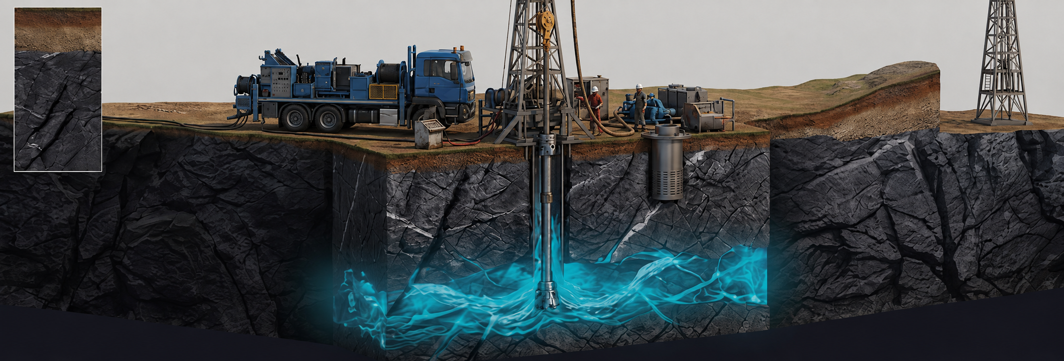 From Earth to Water: Real 3D geological cross section showing borewell drilling rig, rock strata, deep water aquifer, and water delivery